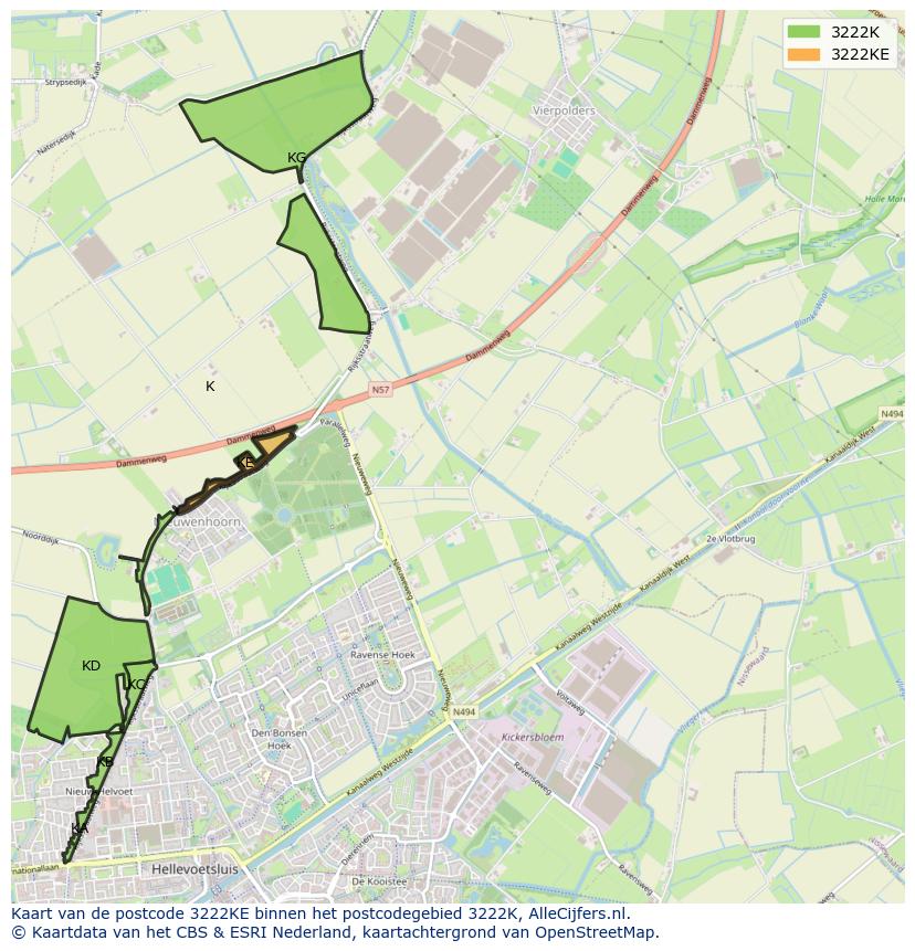Afbeelding van het postcodegebied 3222 KE op de kaart.