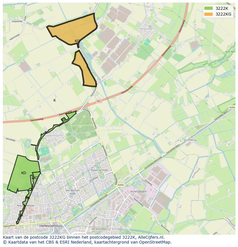 Afbeelding van het postcodegebied 3222 KG op de kaart.