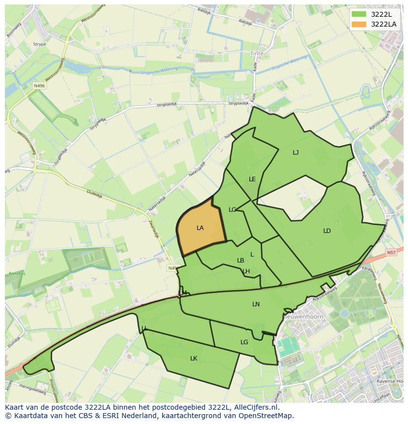 Afbeelding van het postcodegebied 3222 LA op de kaart.