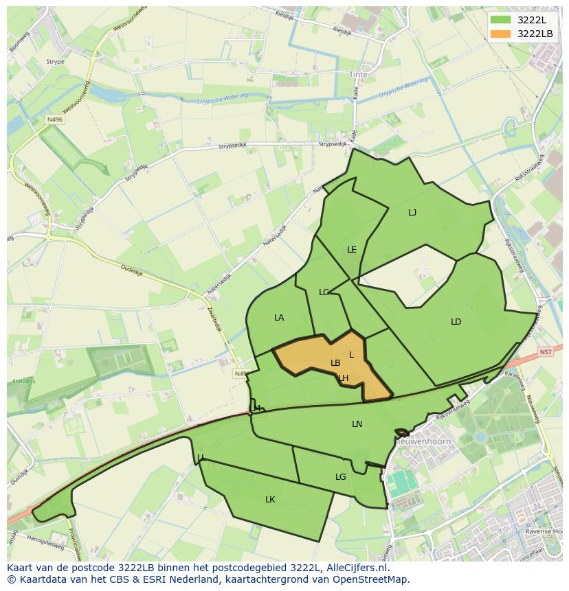 Afbeelding van het postcodegebied 3222 LB op de kaart.