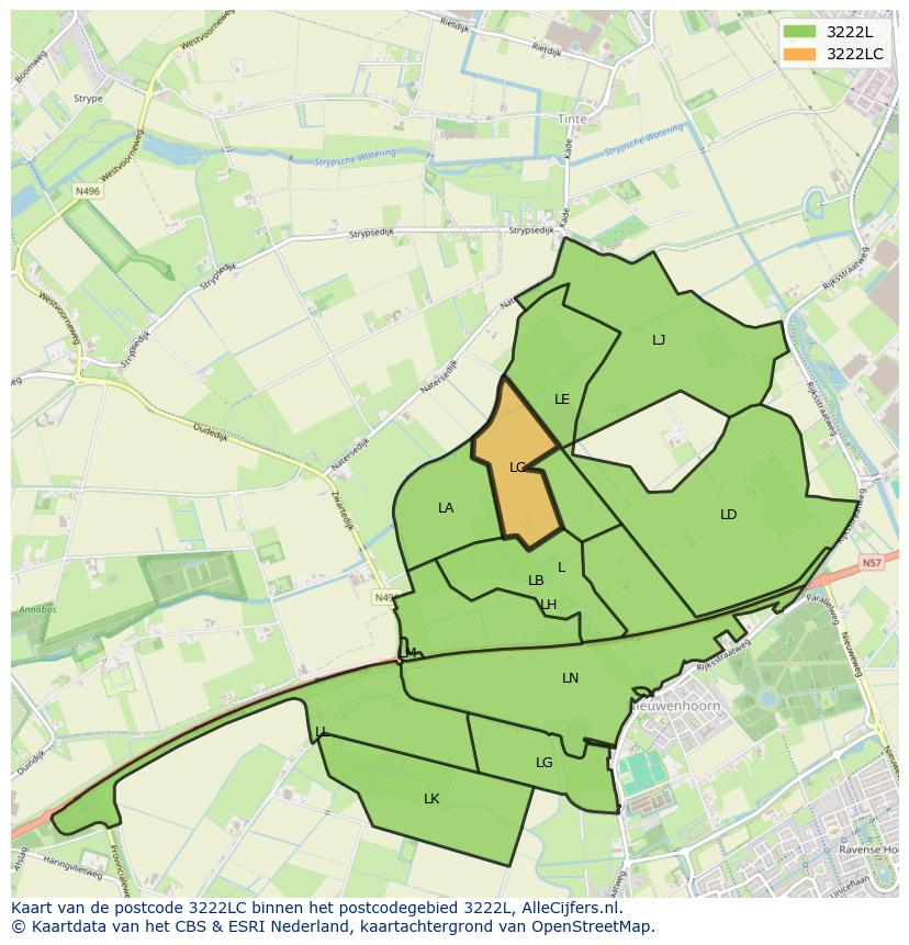 Afbeelding van het postcodegebied 3222 LC op de kaart.