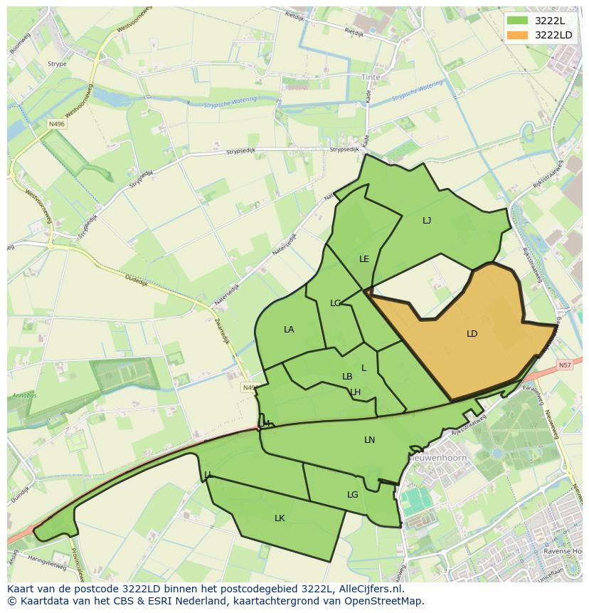 Afbeelding van het postcodegebied 3222 LD op de kaart.