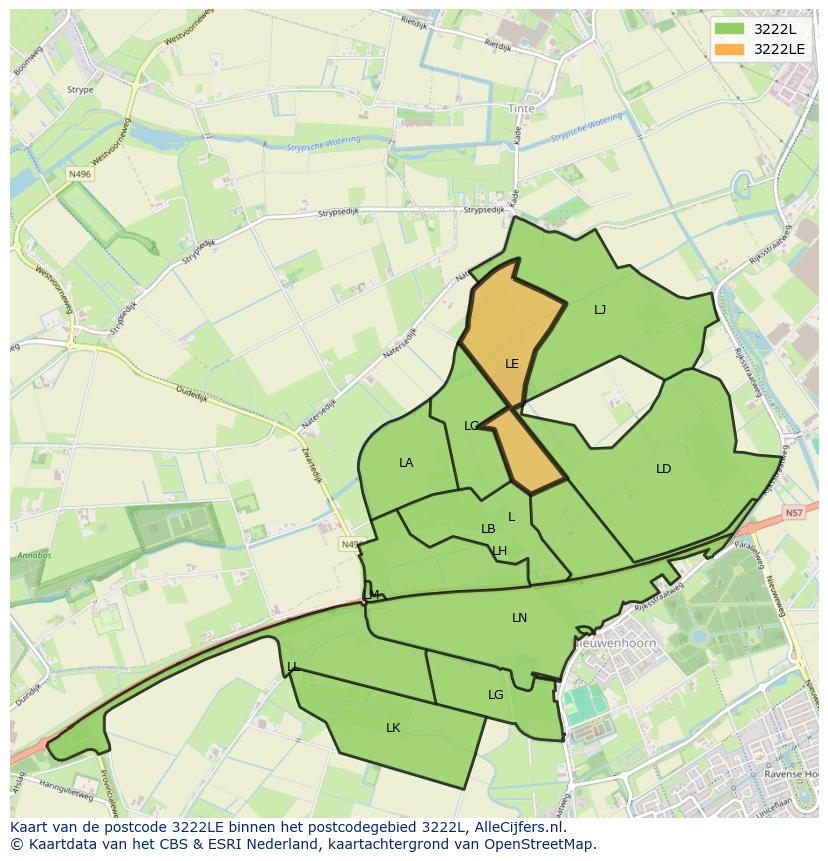 Afbeelding van het postcodegebied 3222 LE op de kaart.