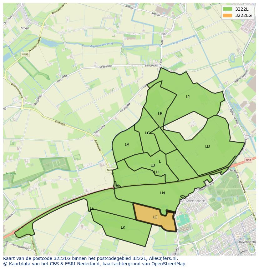 Afbeelding van het postcodegebied 3222 LG op de kaart.