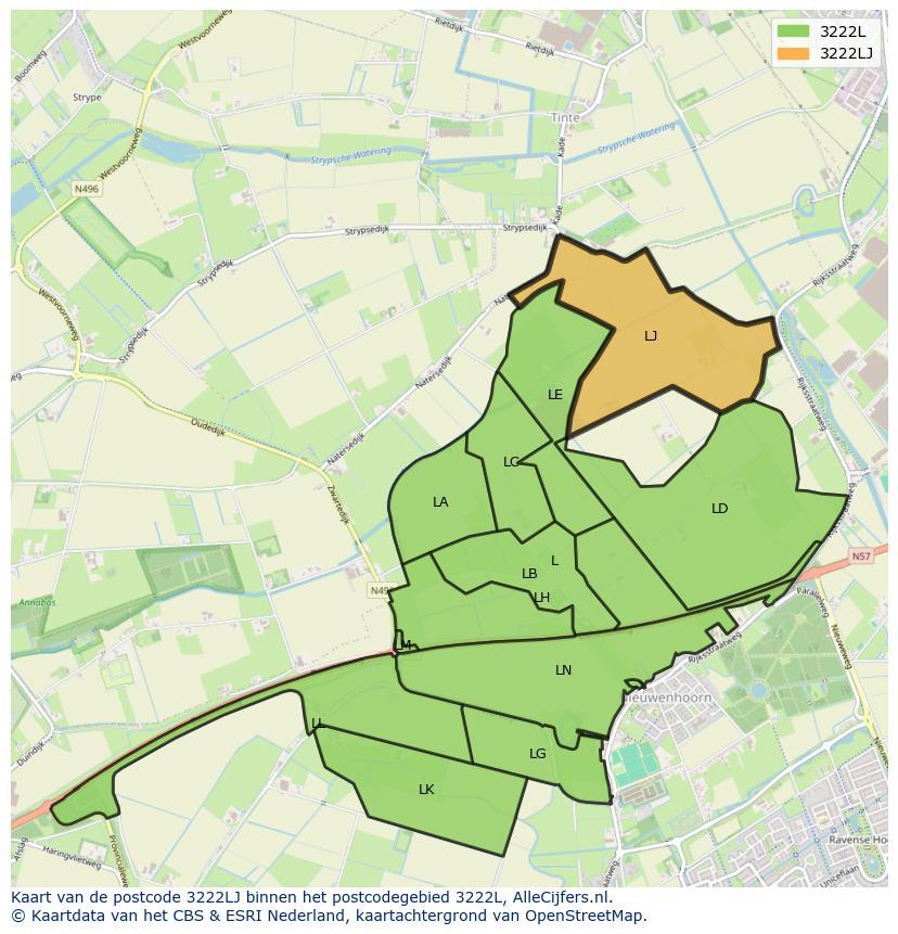 Afbeelding van het postcodegebied 3222 LJ op de kaart.