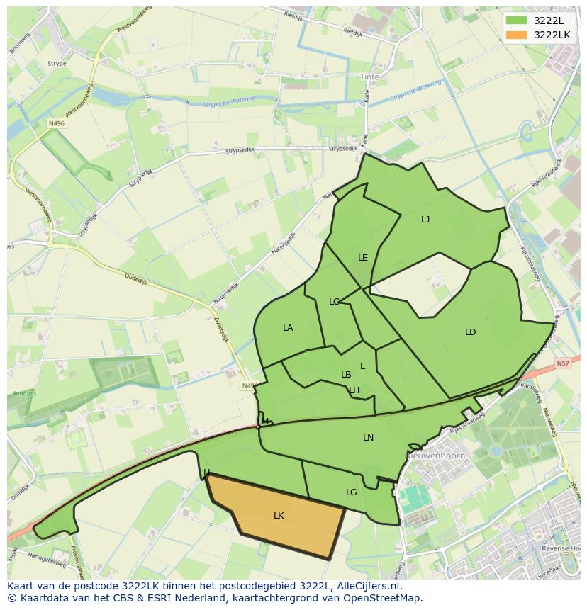Afbeelding van het postcodegebied 3222 LK op de kaart.