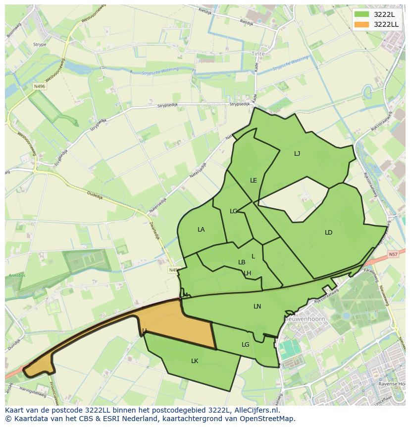 Afbeelding van het postcodegebied 3222 LL op de kaart.