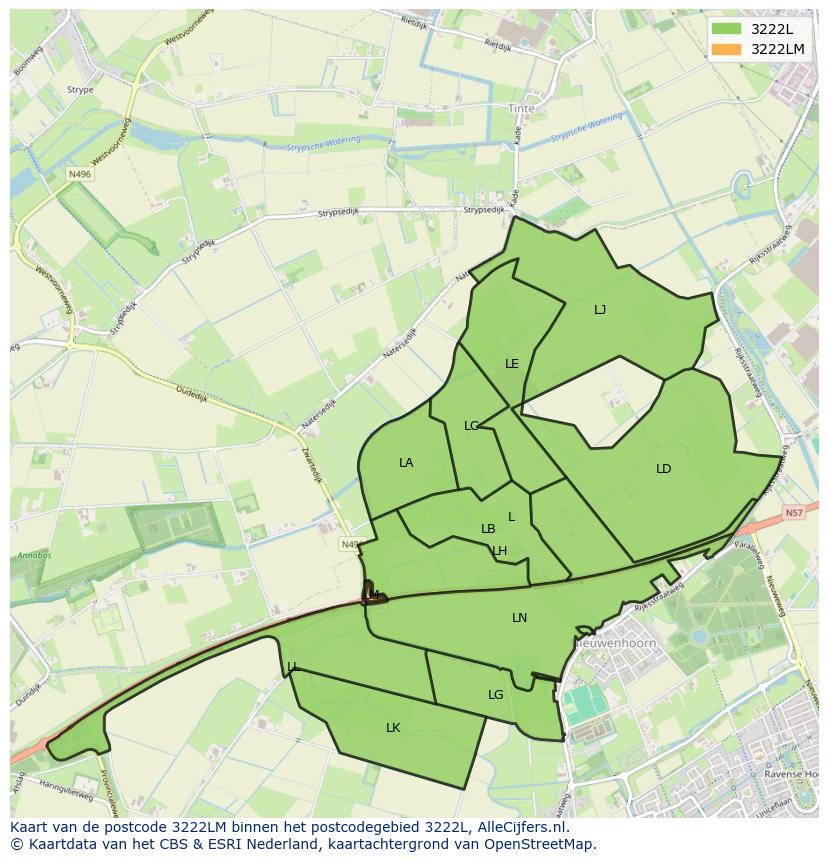 Afbeelding van het postcodegebied 3222 LM op de kaart.