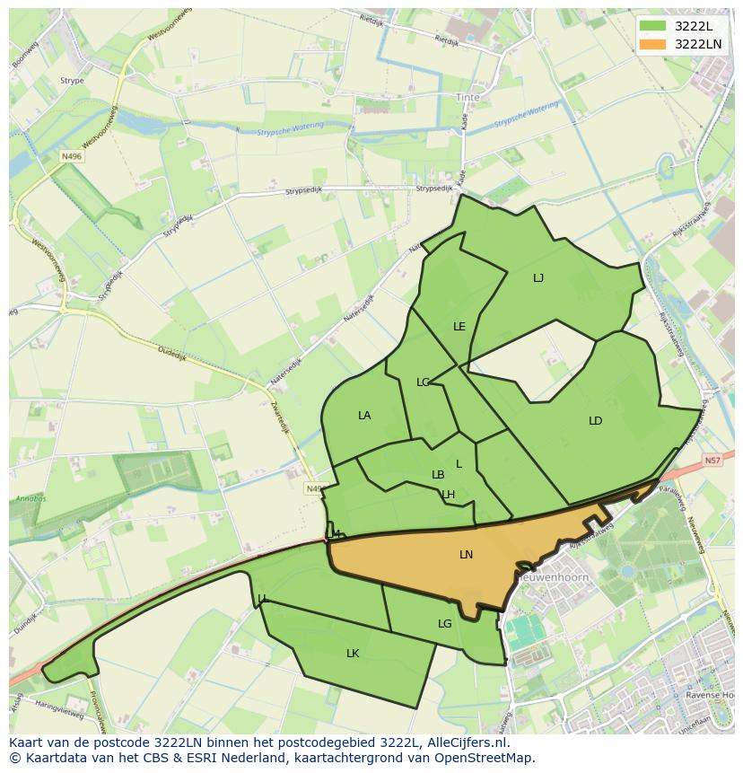 Afbeelding van het postcodegebied 3222 LN op de kaart.