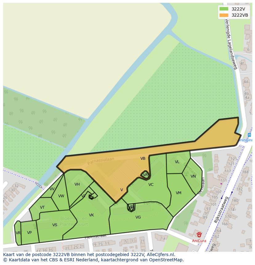 Afbeelding van het postcodegebied 3222 VB op de kaart.