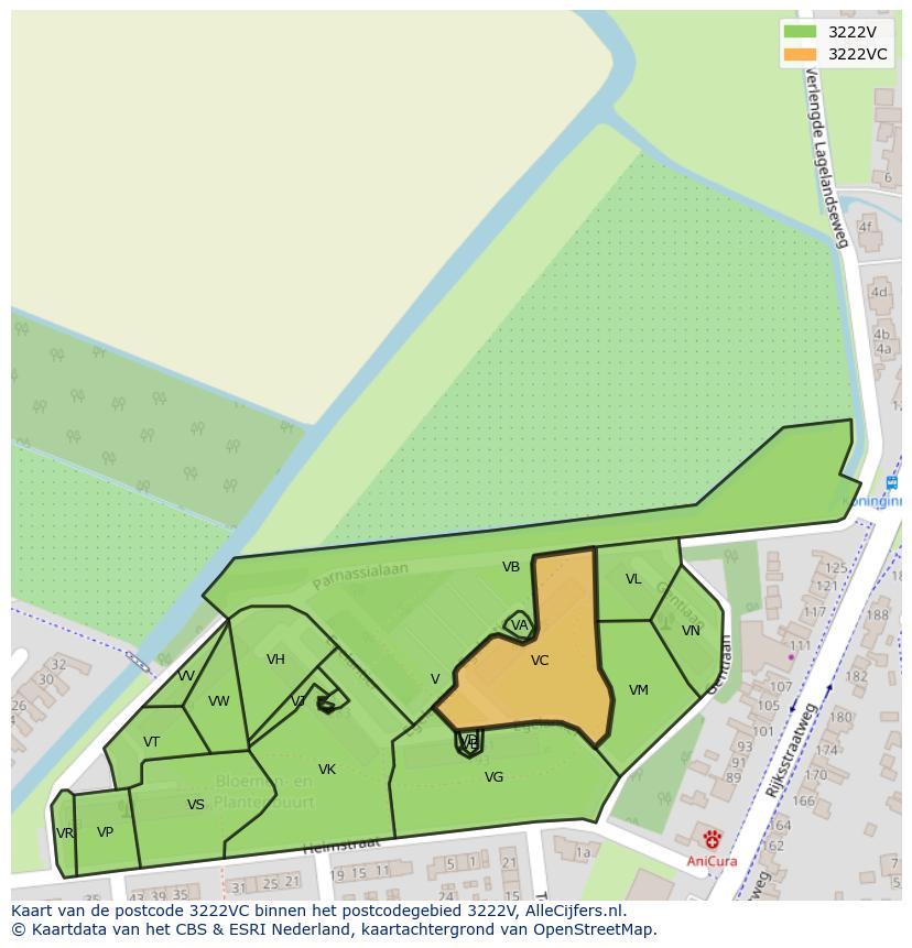 Afbeelding van het postcodegebied 3222 VC op de kaart.