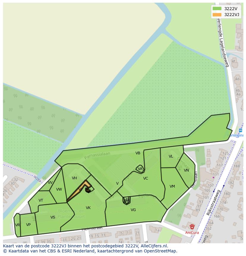 Afbeelding van het postcodegebied 3222 VJ op de kaart.