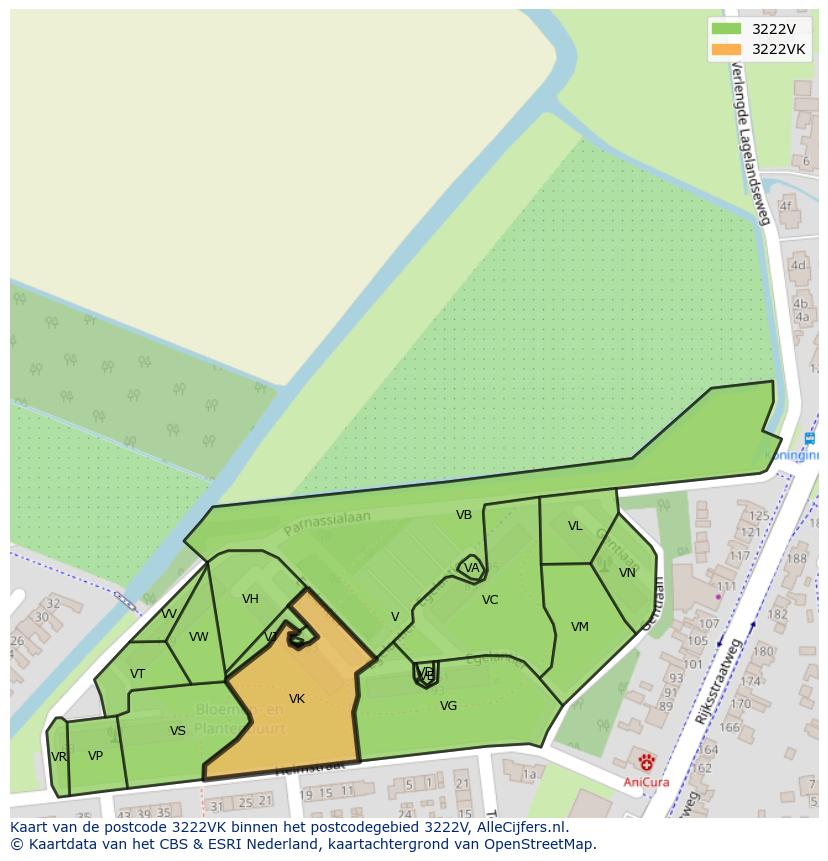 Afbeelding van het postcodegebied 3222 VK op de kaart.