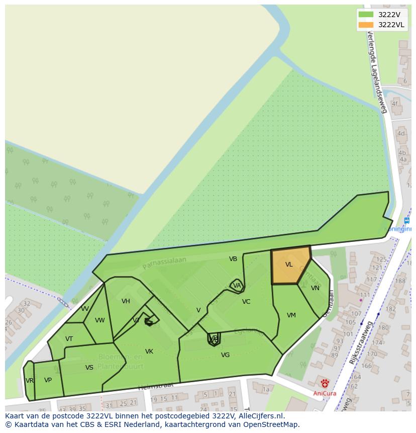 Afbeelding van het postcodegebied 3222 VL op de kaart.