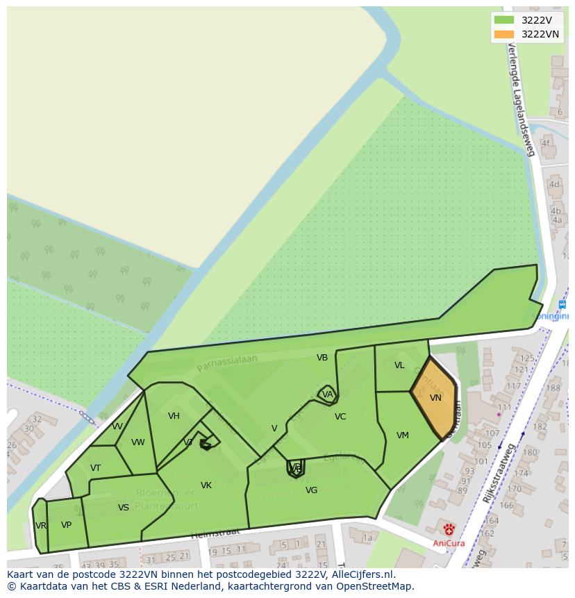 Afbeelding van het postcodegebied 3222 VN op de kaart.