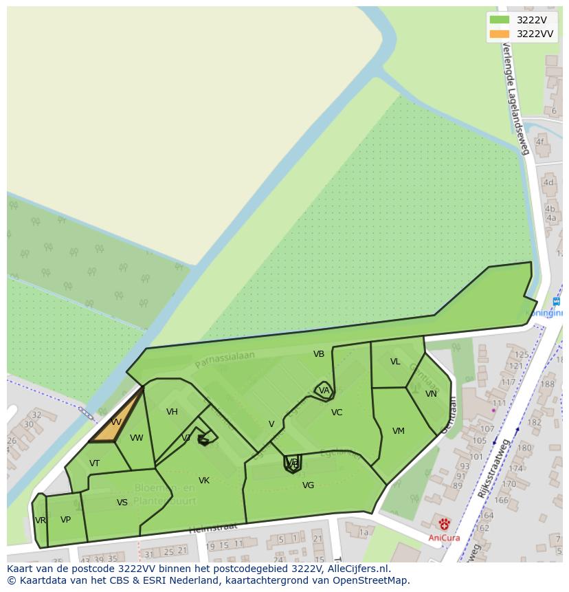 Afbeelding van het postcodegebied 3222 VV op de kaart.