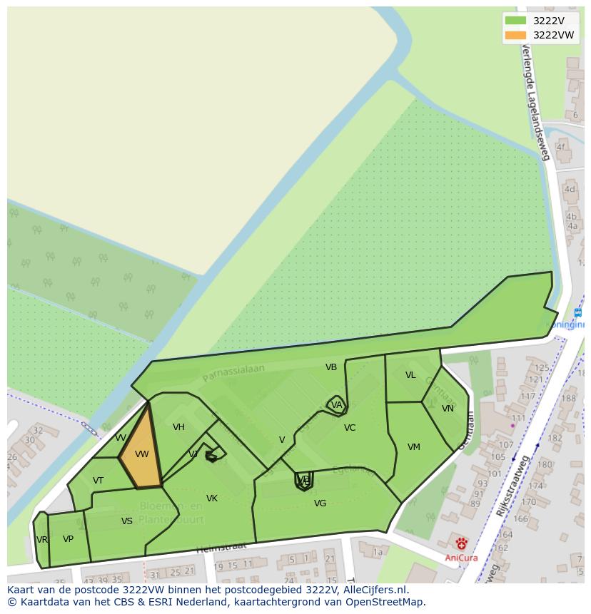 Afbeelding van het postcodegebied 3222 VW op de kaart.