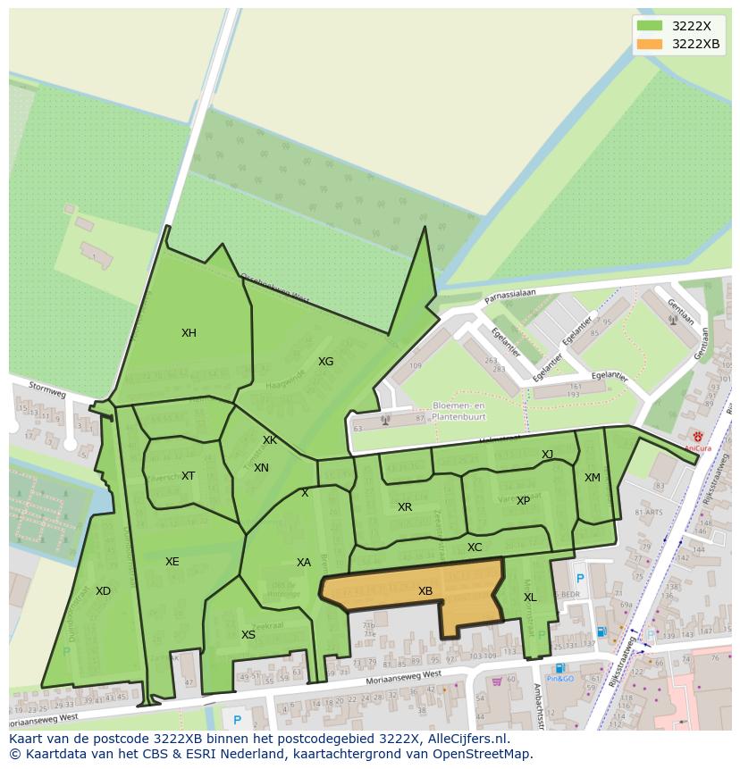 Afbeelding van het postcodegebied 3222 XB op de kaart.