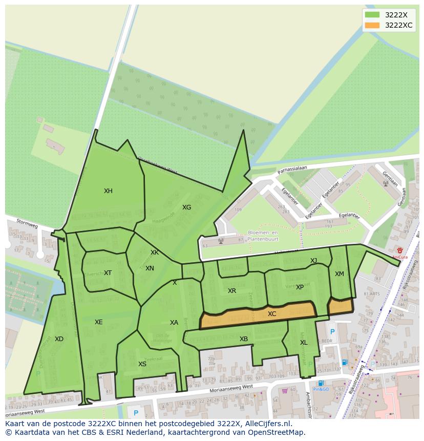 Afbeelding van het postcodegebied 3222 XC op de kaart.