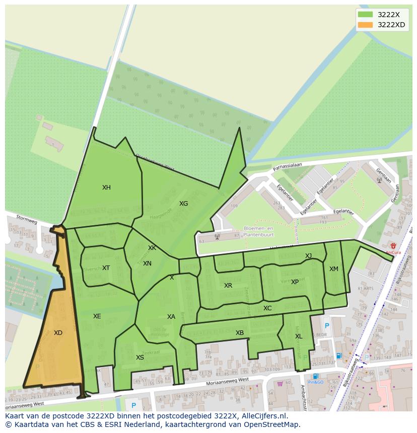 Afbeelding van het postcodegebied 3222 XD op de kaart.