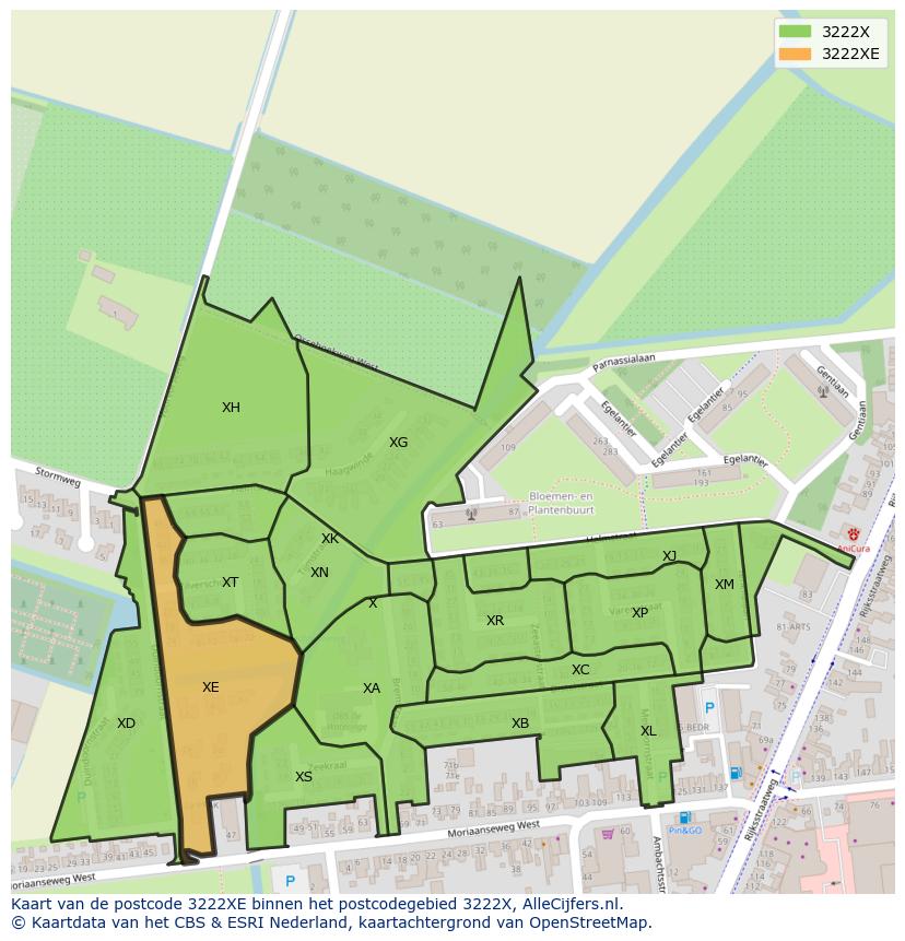 Afbeelding van het postcodegebied 3222 XE op de kaart.