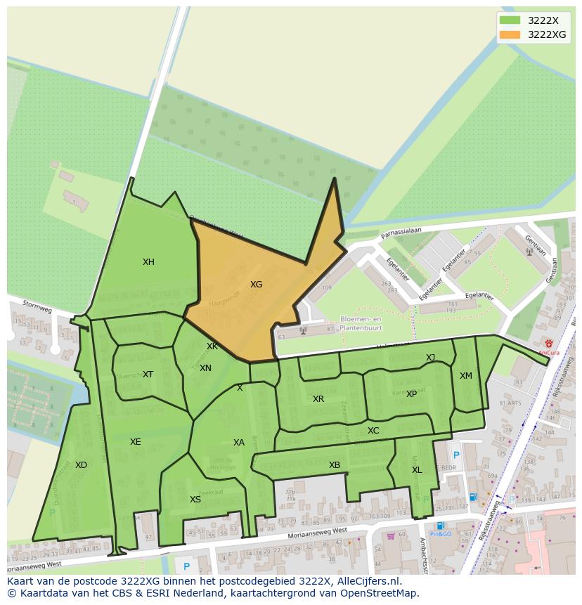 Afbeelding van het postcodegebied 3222 XG op de kaart.