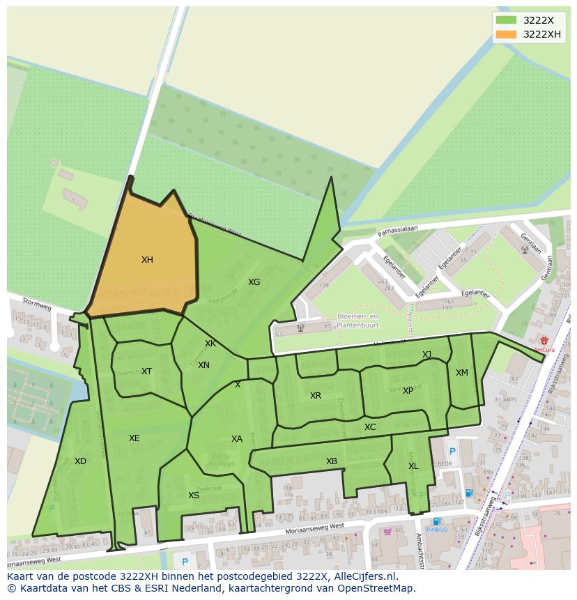 Afbeelding van het postcodegebied 3222 XH op de kaart.