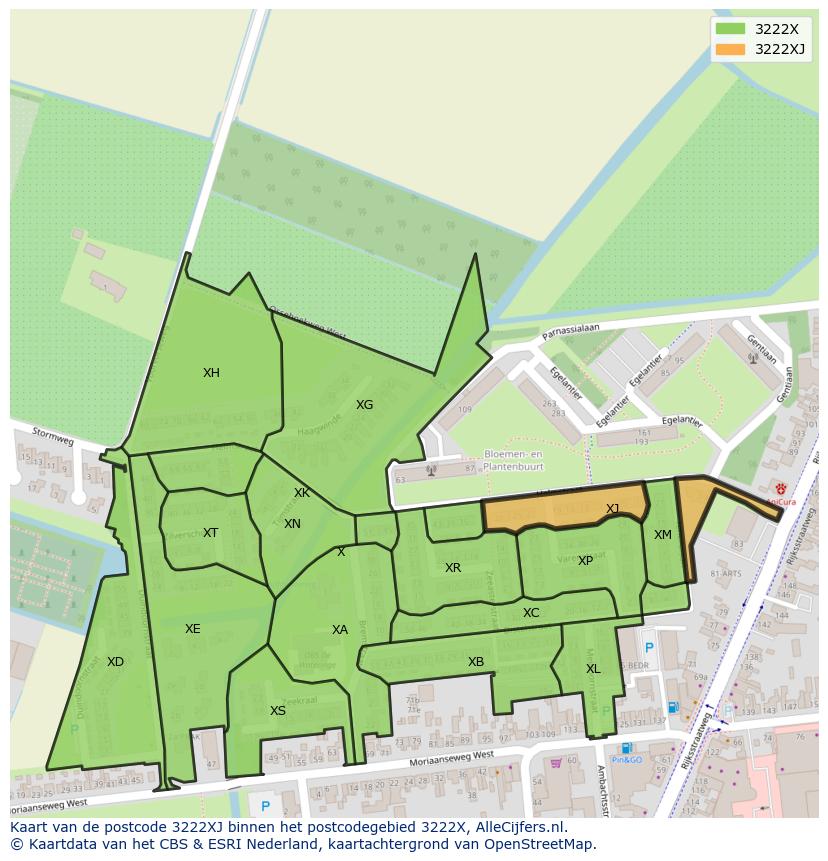 Afbeelding van het postcodegebied 3222 XJ op de kaart.