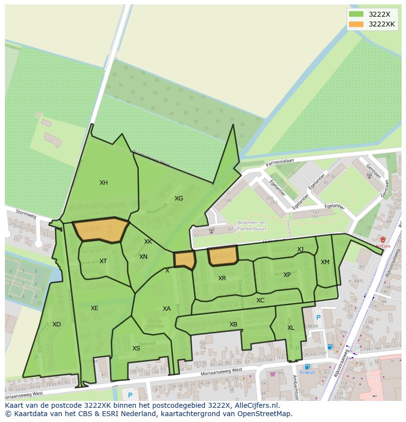 Afbeelding van het postcodegebied 3222 XK op de kaart.
