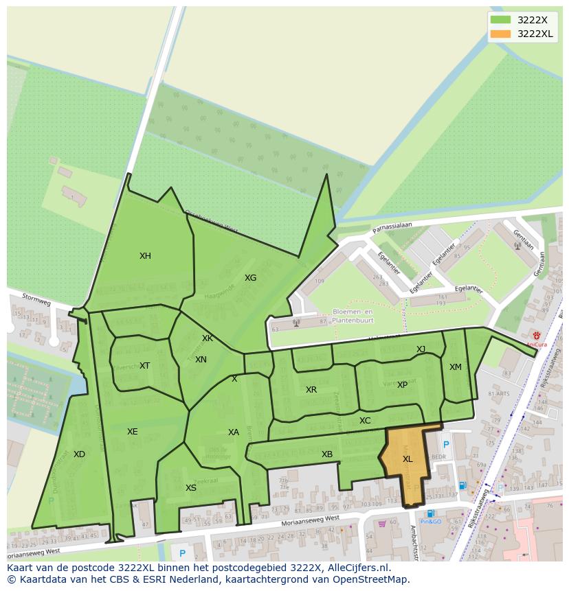 Afbeelding van het postcodegebied 3222 XL op de kaart.