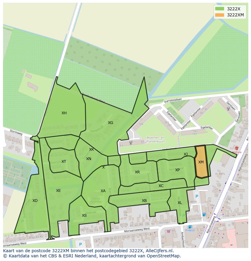 Afbeelding van het postcodegebied 3222 XM op de kaart.