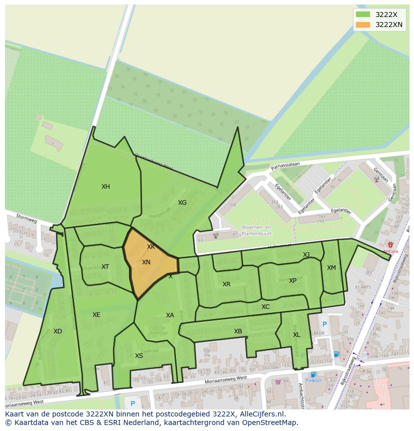 Afbeelding van het postcodegebied 3222 XN op de kaart.