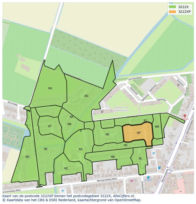 Afbeelding van het postcodegebied 3222 XP op de kaart.