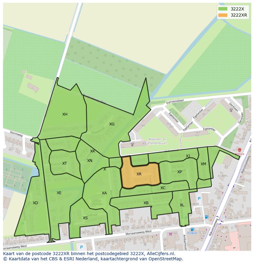 Afbeelding van het postcodegebied 3222 XR op de kaart.