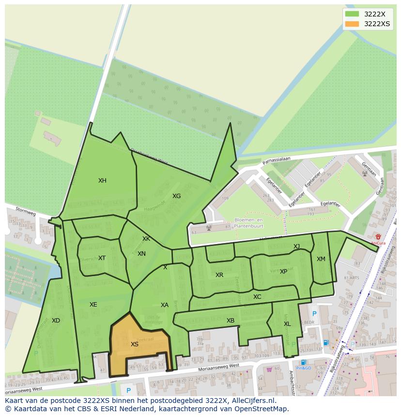 Afbeelding van het postcodegebied 3222 XS op de kaart.