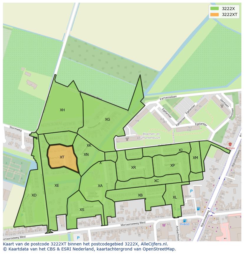 Afbeelding van het postcodegebied 3222 XT op de kaart.