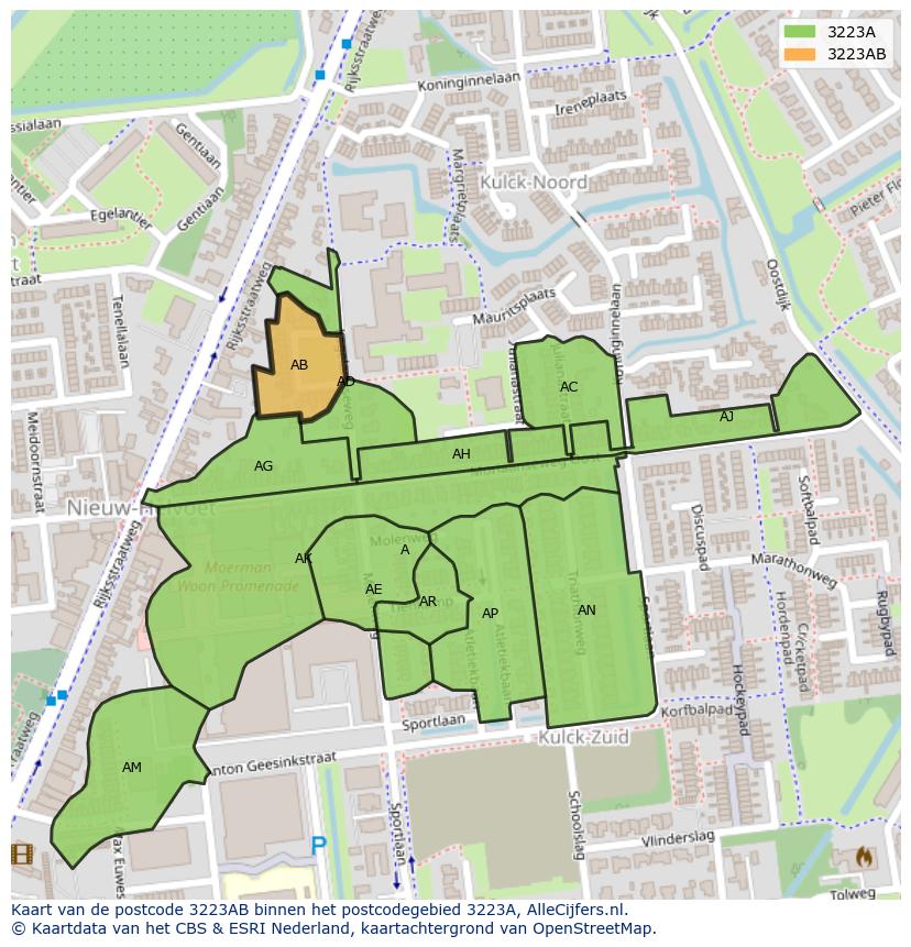 Afbeelding van het postcodegebied 3223 AB op de kaart.