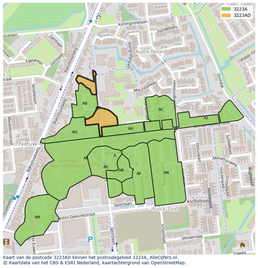 Afbeelding van het postcodegebied 3223 AD op de kaart.