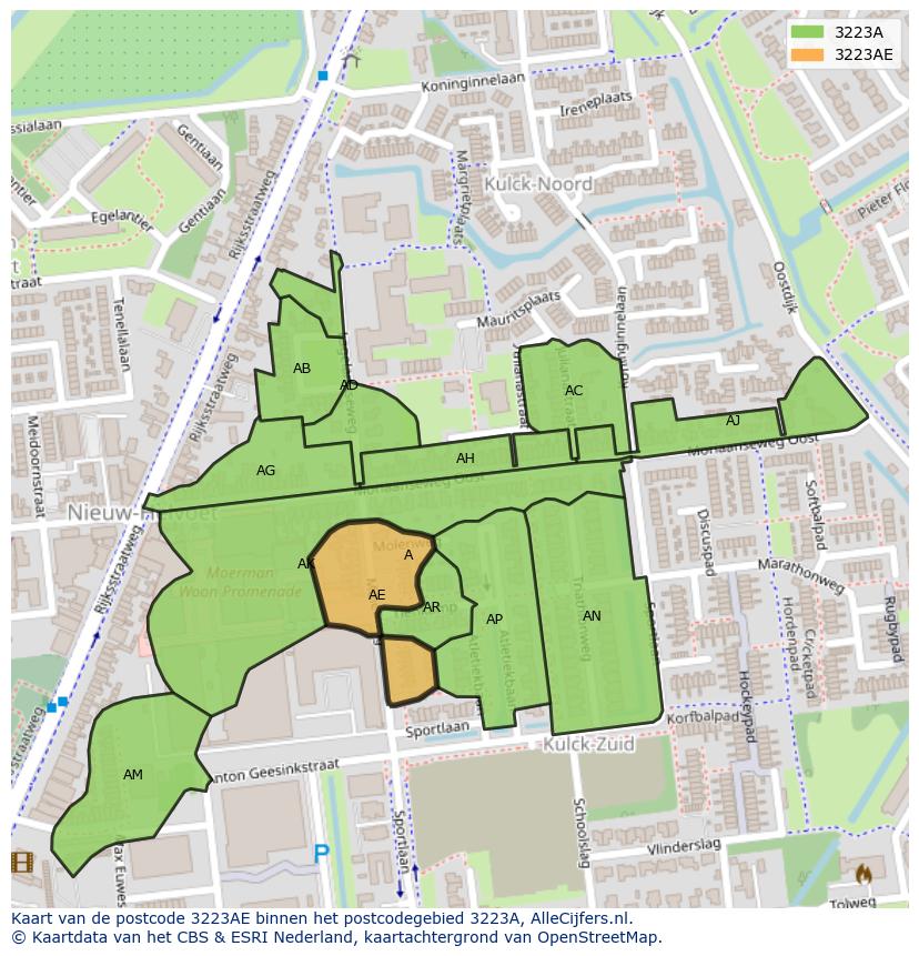 Afbeelding van het postcodegebied 3223 AE op de kaart.
