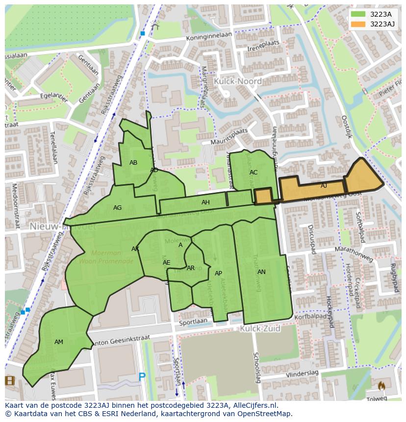 Afbeelding van het postcodegebied 3223 AJ op de kaart.