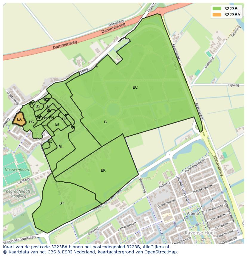 Afbeelding van het postcodegebied 3223 BA op de kaart.