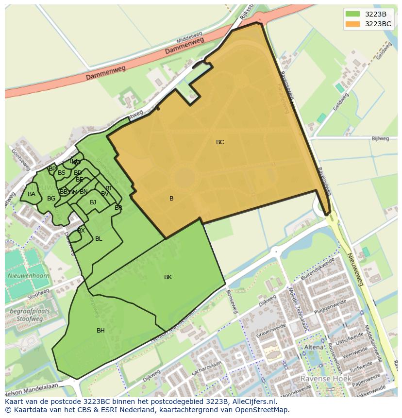 Afbeelding van het postcodegebied 3223 BC op de kaart.