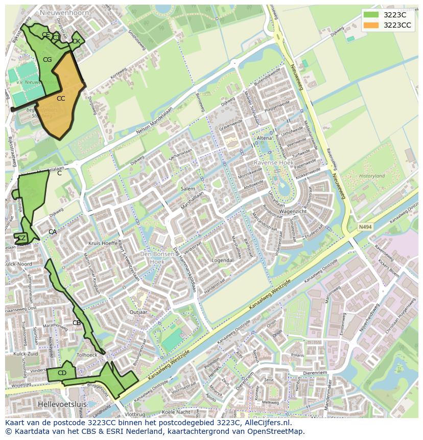 Afbeelding van het postcodegebied 3223 CC op de kaart.