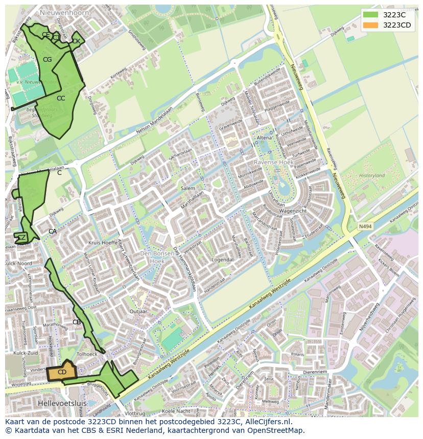 Afbeelding van het postcodegebied 3223 CD op de kaart.