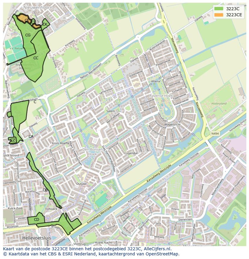 Afbeelding van het postcodegebied 3223 CE op de kaart.