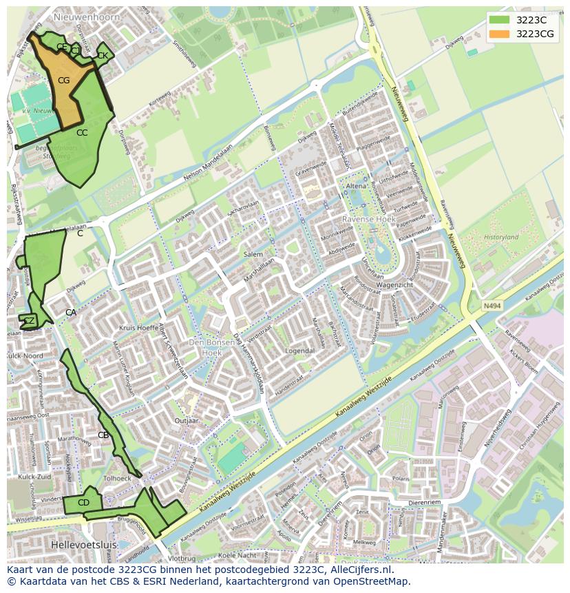 Afbeelding van het postcodegebied 3223 CG op de kaart.