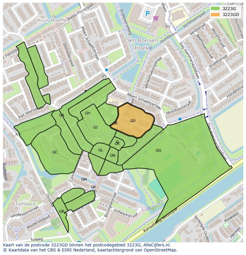 Afbeelding van het postcodegebied 3223 GD op de kaart.