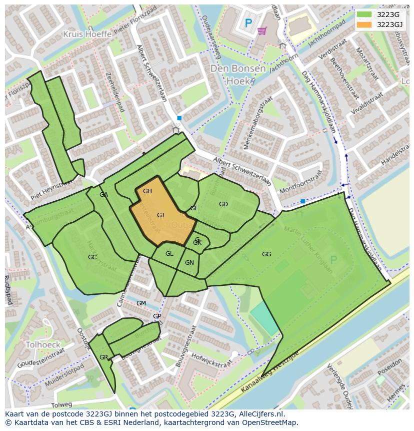 Afbeelding van het postcodegebied 3223 GJ op de kaart.