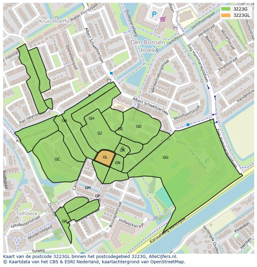 Afbeelding van het postcodegebied 3223 GL op de kaart.