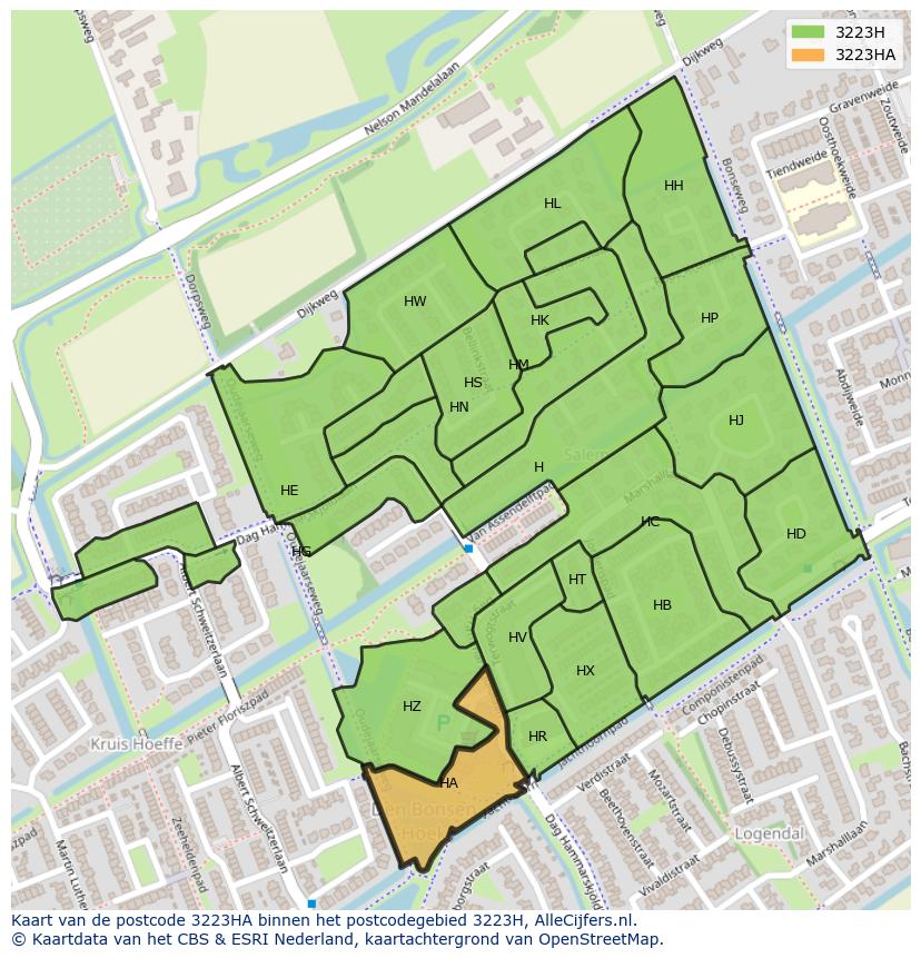 Afbeelding van het postcodegebied 3223 HA op de kaart.